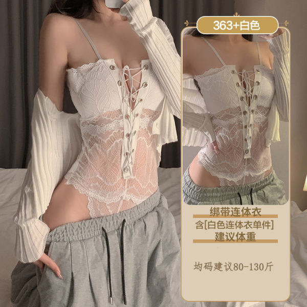 Pure & Tempting Lace Lingerie Set - Sheer Sensual Sleepwear for Small Bust, Erotic Costume Outfit - 8017 White bodysuit with snap buttons and open crotch