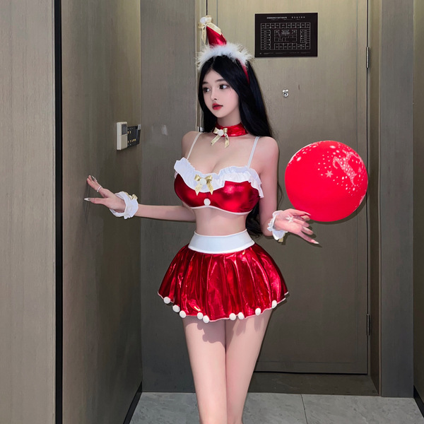 Sexy Christmas Costume Lingerie Set - Holiday Role Play Dress & Seductive Outfit for Festive Nights - A-8029 [Hat + Neckband + Bracelet + Top + Skirt]