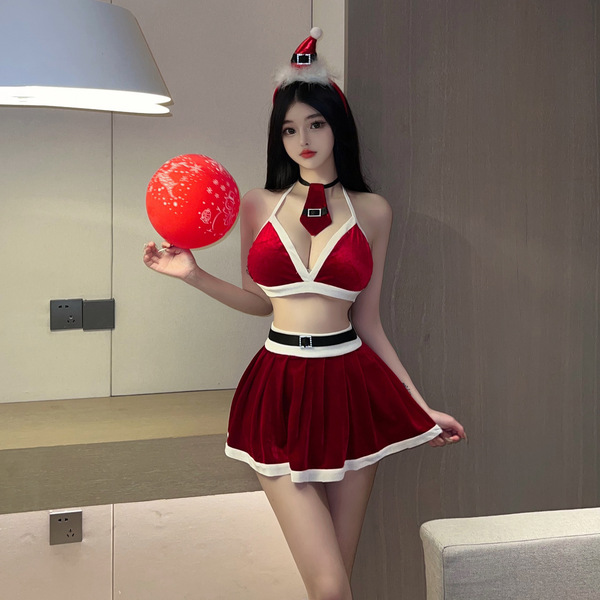 Sexy Christmas Costume Lingerie Set - Holiday Role Play Dress & Seductive Outfit for Festive Nights - A-8031 [Hat + Tie + Top + Skirt]