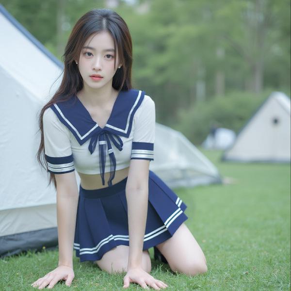 Woman in sensual secretarial bodysuit with airline uniform style skirt, posing outdoors on grass near tents.