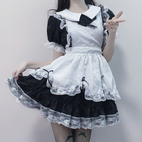 Japanese Cute Anime Maid Dress - Soft Girly Lolita Dress for Cosplay, Restaurant Uniform & Crossplay Outfit - 804 (Dress + Apron)