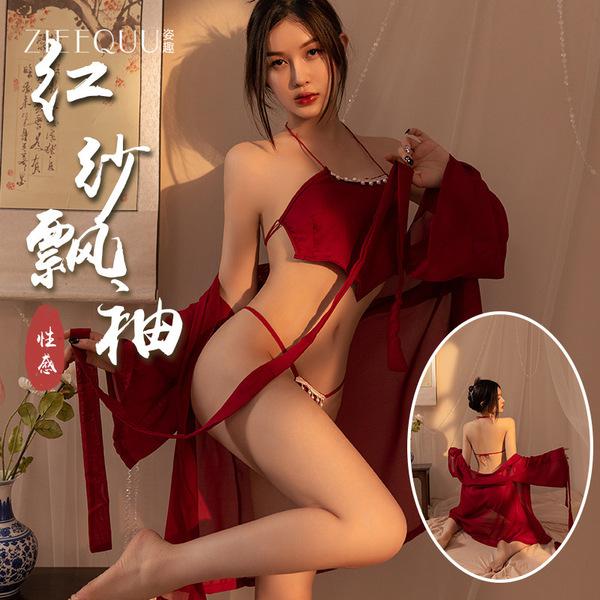 Zifeqiu ancient chinese lingerie set featuring silk hanfu bodysuit, sheer veil, and sensual sleepwear perfect for new year ro...