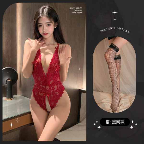 Sexy Open-Crotch Bodysuit for Women - Lace Sheer Temptation Lingerie Set, Pure & Sultry Outfit - 8065 Red + Black Fishnet Stockings