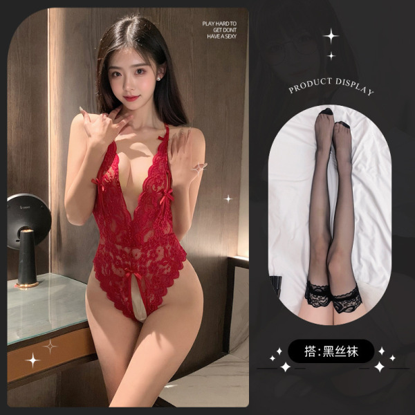Sexy Open-Crotch Bodysuit for Women - Lace Sheer Temptation Lingerie Set, Pure & Sultry Outfit - 8065 Red + Black Stockings