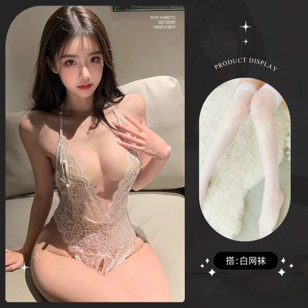 Sexy Open-Crotch Bodysuit for Women - Lace Sheer Temptation Lingerie Set, Pure & Sultry Outfit - 8065 White + White Fishnet Stockings