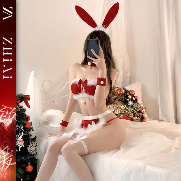 Sexy maid costume for women - christmas bunny girl role play outfit, naughty lingerie set with thong & bow headband