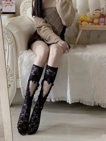 Gorgeous Cloud Lace Tie-Up Black Calf Socks - Heart-Shaped Drawstring Mid-Calf Stockings, Sensual & Pure-Chic - 8073 Black Socks