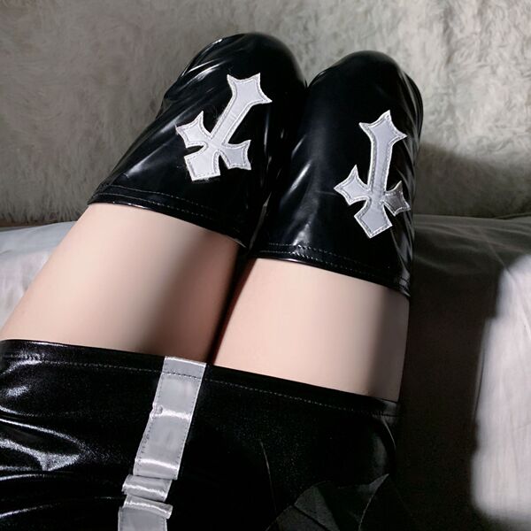 Glowing Punk Knee-High Leg Sleeves - Shiny Patent Leather Anime Cosplay Thigh Highs with Cross Detail - 8075 Black Cross Leather Stockings