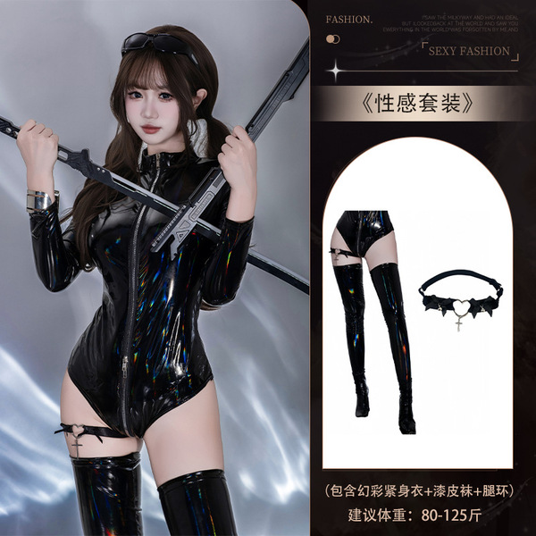 Shiny Black PVC Bodysuit for Women - Sexy Sheer Mesh Lingerie with Front Zipper & Thigh-High Shine - 2024 Set + [8088 Iridescent + Heart Cross Leg Ring]