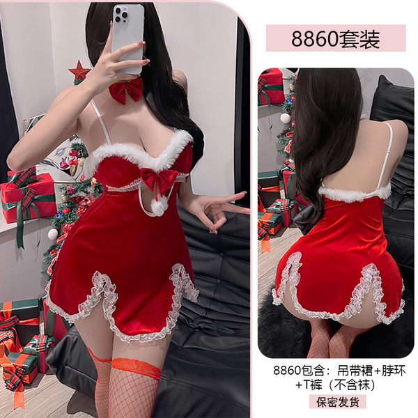 New Year Sexy Lingerie Set - Irregular Strap Nightgown & Christmas Passion Outfit for Women, Wholesale Available - red