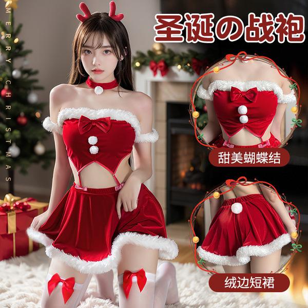 Mannyan New Year Lingerie Set - Sexy Velvet Off-Shoulder Christmas Reindeer Costume Outfit