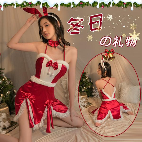 Sexy christmas-themed costume with bunny ears and bow details, perfect for holiday cosplay events.