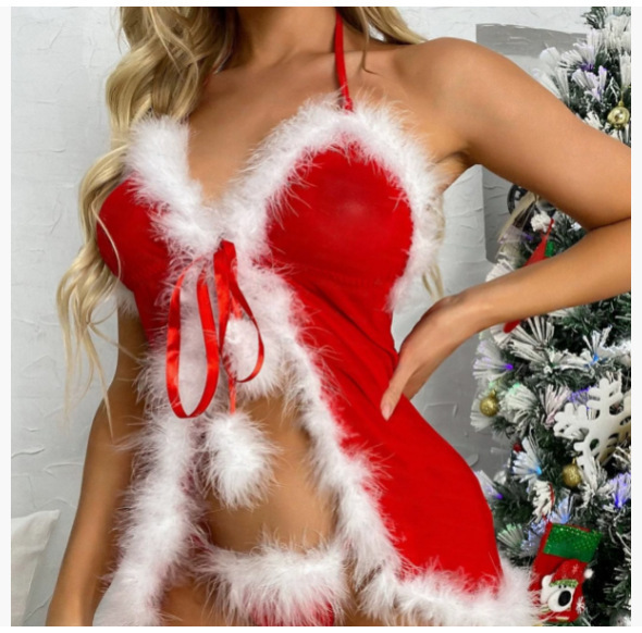 Christmas Lady Sexy Lingerie Set - Plush Hooded Robe & Matching Pajamas for Date Night, Holiday Party & Cozy Home Wear - red