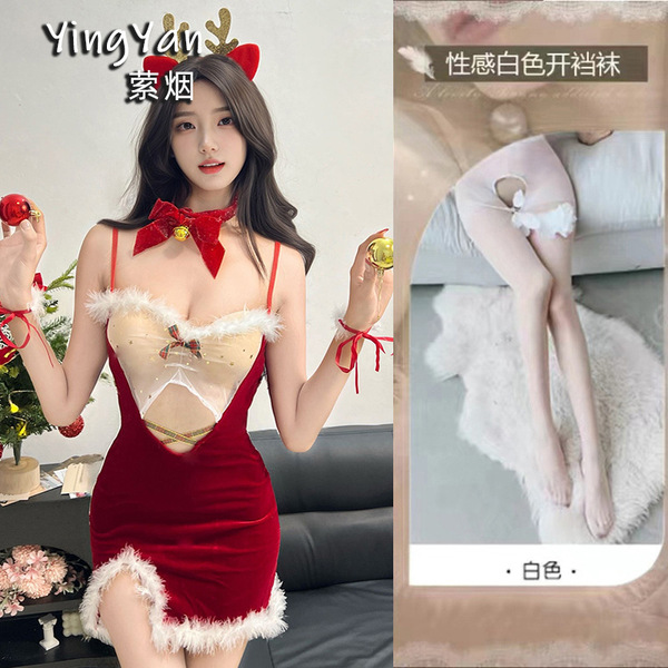 Yingyan Christmas Lingerie Set - Sexy Bare-Back Bra Top & Matching Bottoms, Elegant New Year Party Outfit for Women - 0936 Red + White Open Crotch Socks