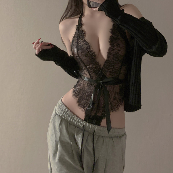 Pure & Tempting Lace Lingerie Set - Sheer Sensual Sleepwear for Small Bust, Erotic Costume Outfit - 8132 Black Jumpsuit