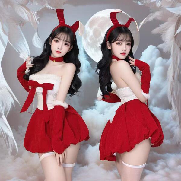 Sexy christmas bunny costume for women, featuring red bunny ears and festive outfit perfect for new year eve, cosplay, and ro...