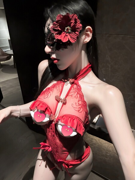 Lemon Story Lace Bodysuit for Women - Sexy Open-Crotch Uniform Style Sleepwear, Sheer Cheongsam-Inspired Nightwear - 8138 Red + Red Fishnet Stockings