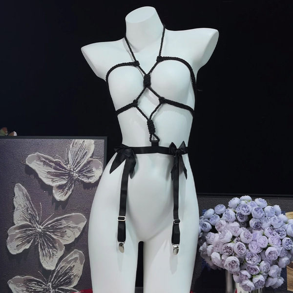 Genuine Yun Sensual Bondage Bodysuit - Sexy Rope Lingerie Set with Pure-Allure SM Uniform for Women - 8144 Black
