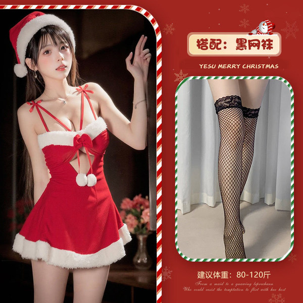 Qingqingmimi Christmas Cosplay Velvet Sleep Dress - Sexy Role Play Lingerie for Holiday & New Year Eve - Red and black fishnet stockings