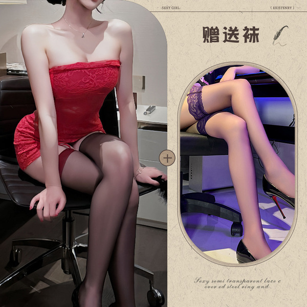 New Year Eve Lingerie Dress - Red Lace Corset Mini Dress, Sexy Bodycon Party Outfit for Women - Red + Black Stockings