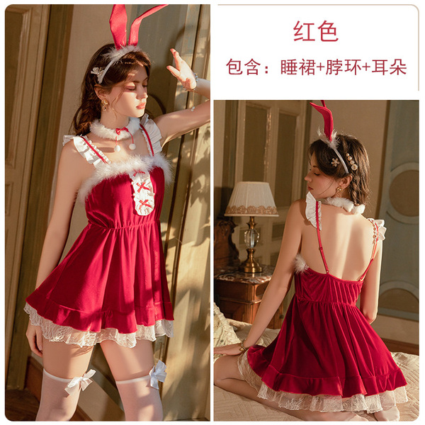 Glorious Velvet Bunny Girl Lingerie Set - Sexy Red Holiday Sleep Dress & Role Play Outfit for Christmas & New Year - red