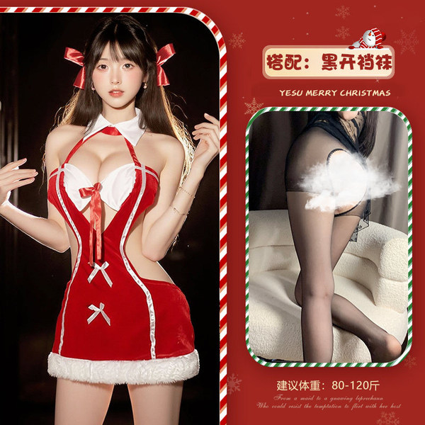 Christmas Velvet Lingerie Nightgown - Sexy Pure & Tempting Role Play Costume for New Year's Eve & Holiday Parties - Red and black open-crotch socks