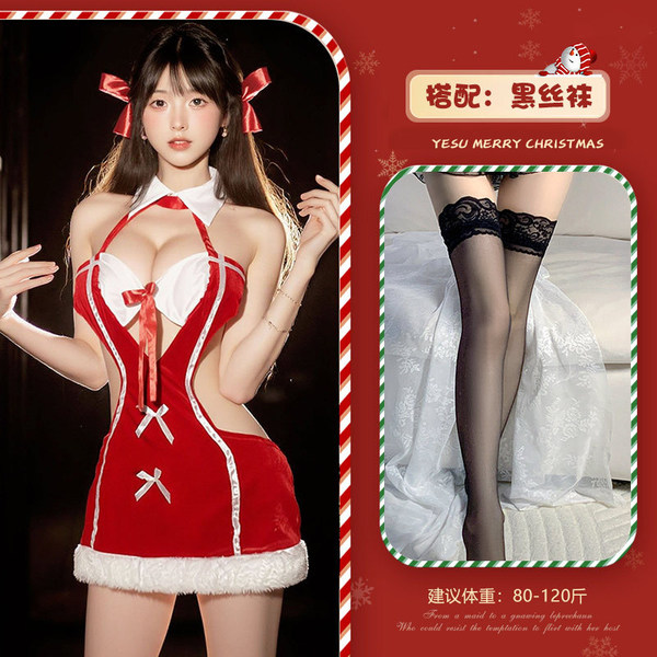 Christmas Velvet Lingerie Nightgown - Sexy Pure & Tempting Role Play Costume for New Year's Eve & Holiday Parties - Red + Black Stockings