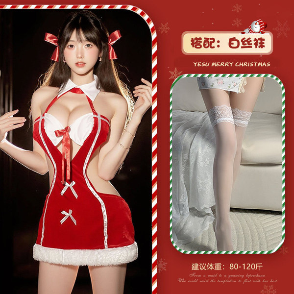 Christmas Velvet Lingerie Nightgown - Sexy Pure & Tempting Role Play Costume for New Year's Eve & Holiday Parties - Red and white stockings
