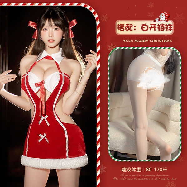Christmas Velvet Lingerie Nightgown - Sexy Pure & Tempting Role Play Costume for New Year's Eve & Holiday Parties - Red and white open-crotch socks