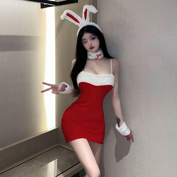 Sexy bunny girl costume set - christmas role play outfit, featuring a tight mini dress with white fur trim and matching acces...