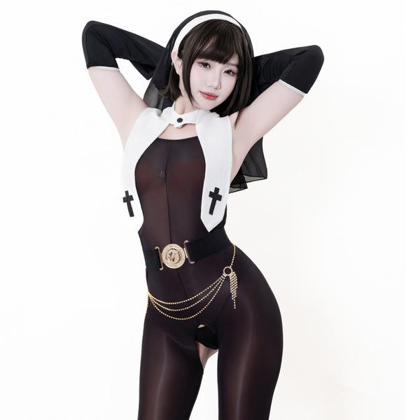 Seductive nun costume lingerie featuring an open-crotch design, combining modesty with allure for role play outfits.