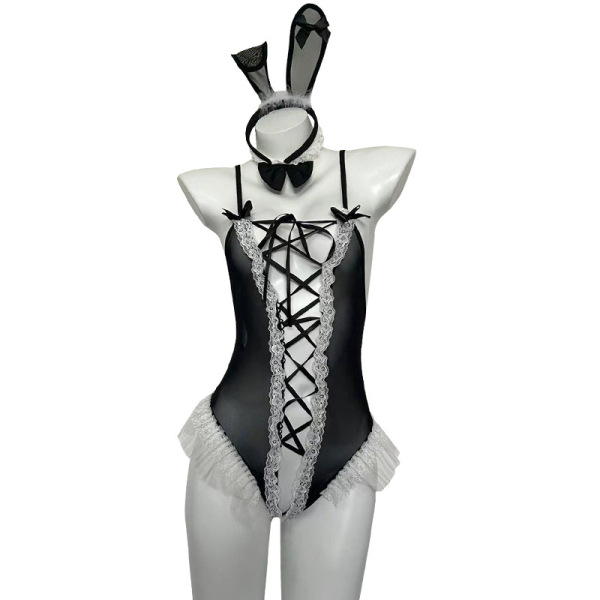 Black and white rabbit girl lingerie set with sheer bodysuit, lace trim, bow tie, and bunny ears headband for women.