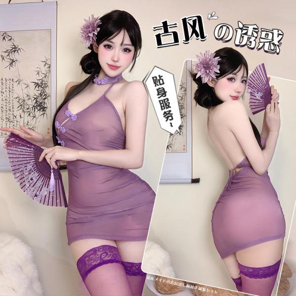 Model wearing purple sheer vintage qipao sleepwear with lace details, backless design, and matching stockings.