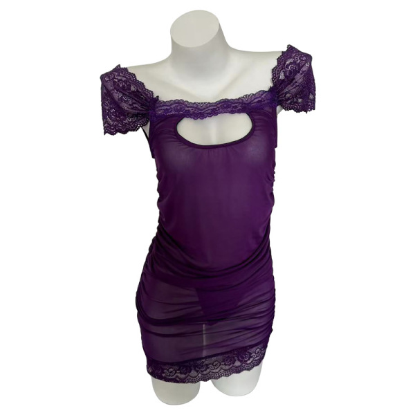 Purple lace mesh see-through bodycon mini dress with cutout corset design, perfect for nightclub outings.