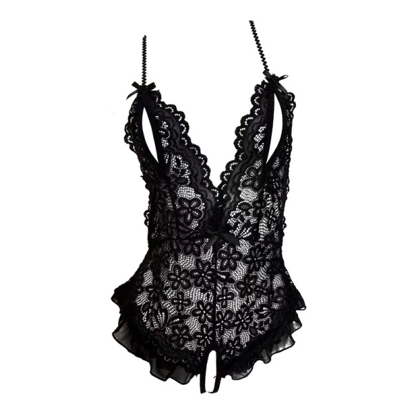 Black lace bodysuit with floral pattern, open-crotch design, and adjustable straps. sheer sleepwear set for women.