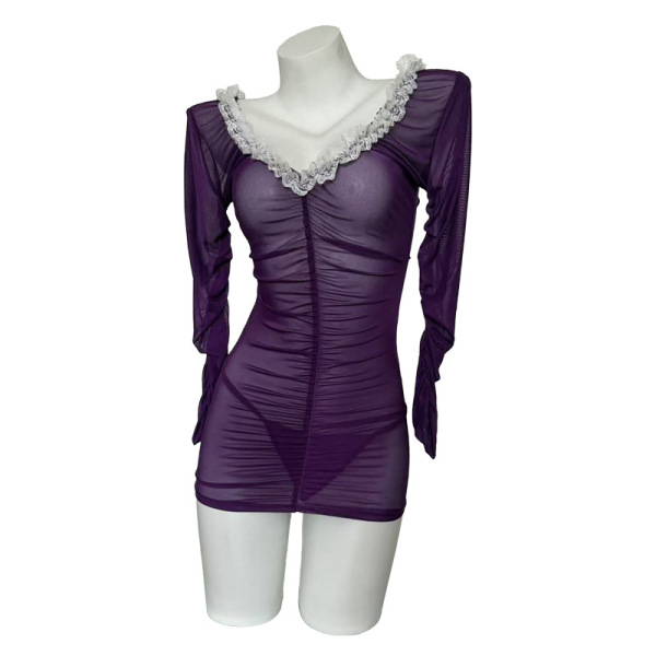 Purple sheer bodycon sleep dress with deep v lace trim and ruched design.