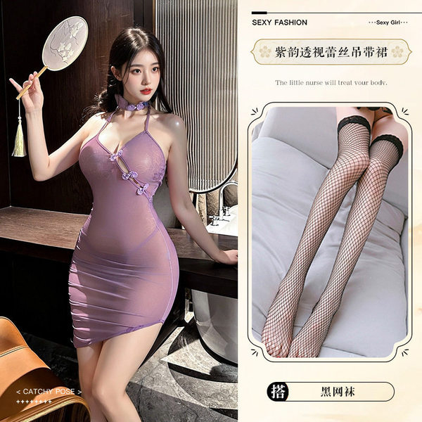 Purple Lace Bodysuit Set - Seductive Sheer Sleepwear Outfit, No-Remove Sensual Lingerie - 8390+ Black Fishnet Stockings