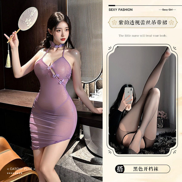 Purple Lace Bodysuit Set - Seductive Sheer Sleepwear Outfit, No-Remove Sensual Lingerie - 8390+ open crotch socks