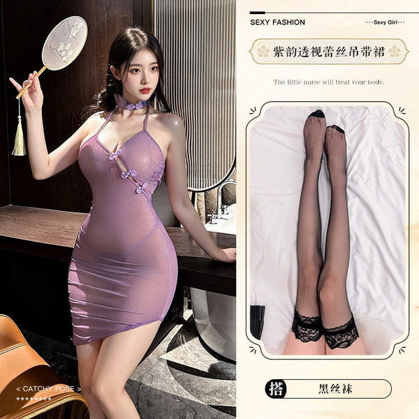 Purple Lace Bodysuit Set - Seductive Sheer Sleepwear Outfit, No-Remove Sensual Lingerie - 8390+ stockings