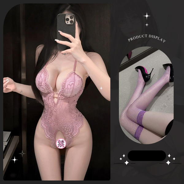 Lemon Story Sexy Sleepwear for Women - Backless Summer Lingerie, Push-Up Thin Bodysuit for Small Busts - 8413 Light Purple + Purple Fishnet Stockings