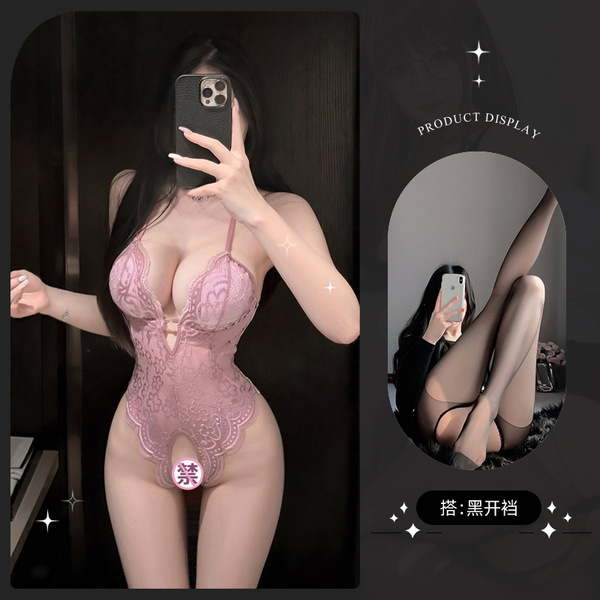 Lemon Story Sexy Sleepwear for Women - Backless Summer Lingerie, Push-Up Thin Bodysuit for Small Busts - 8413 Light purple + black open crotch stockings