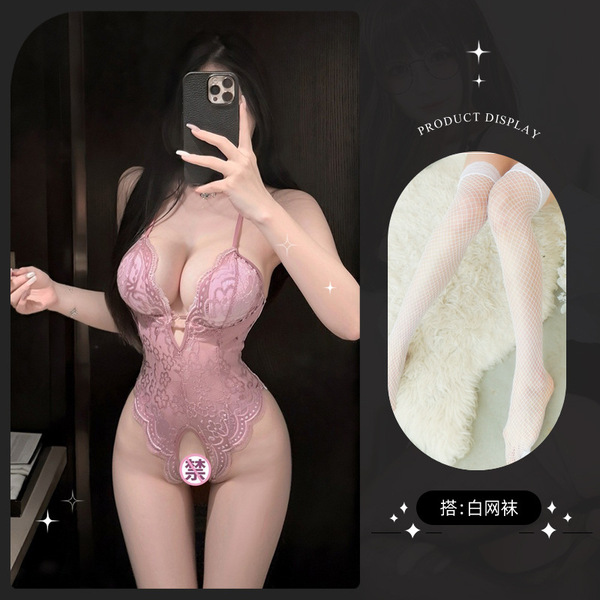 Lemon Story Sexy Sleepwear for Women - Backless Summer Lingerie, Push-Up Thin Bodysuit for Small Busts - 8413 Light purple + white fishnet stockings