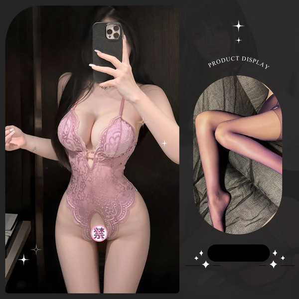 Lemon Story Sexy Sleepwear for Women - Backless Summer Lingerie, Push-Up Thin Bodysuit for Small Busts - 8413 Light Purple + Purple Open Crotch Stockings