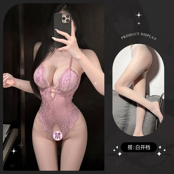 Lemon Story Sexy Sleepwear for Women - Backless Summer Lingerie, Push-Up Thin Bodysuit for Small Busts - 8413 Light purple + white open crotch socks