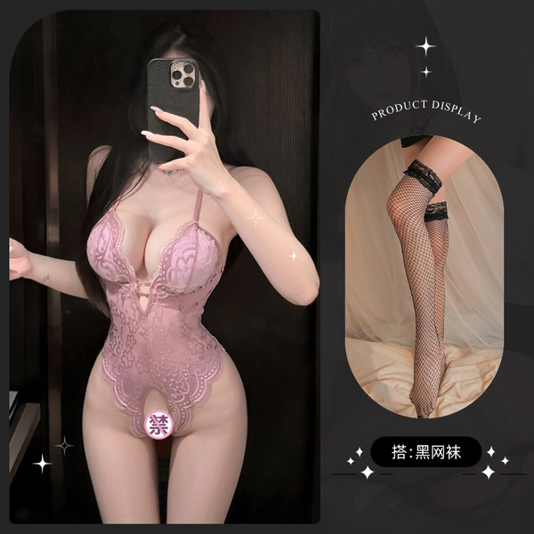 Lemon Story Sexy Sleepwear for Women - Backless Summer Lingerie, Push-Up Thin Bodysuit for Small Busts - 8413 Light purple + black fishnet stockings