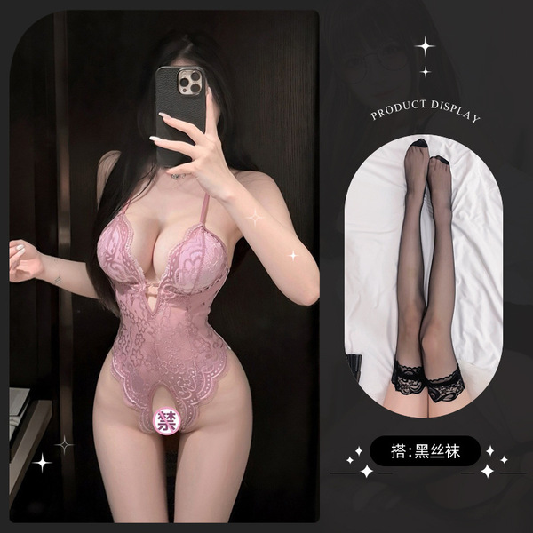 Lemon Story Sexy Sleepwear for Women - Backless Summer Lingerie, Push-Up Thin Bodysuit for Small Busts - 8413 Light purple + black stockings