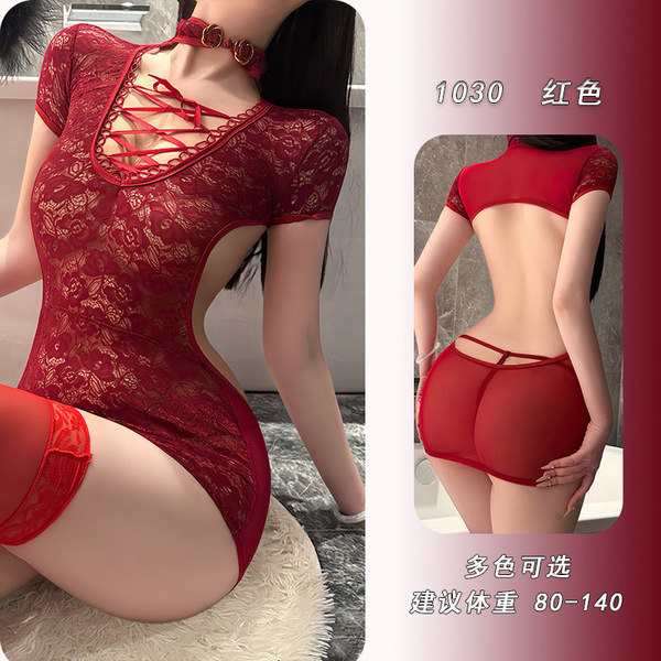 YeYu Sexy Qipao Lingerie Set for Women – Revealing Busty Tight-Fit Sleepwear with Pencil Skirt & Open-Bust Design - red