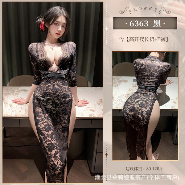 Doliya Sexy Deep V Lace Sheer Long Dress - Seductive High-Slit Bodycon Costume Lingerie Sleepwear for Women - black