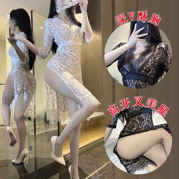 Plus Size Sexy Lace Sleepwear Set - Sheer Seductive Split Dress with Uniform-Inspired Allure, QQNY Brand