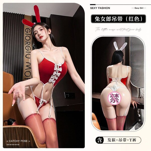 Sexy Velvet Bunny Girl Costume with Bow - Cute Christmas & New Year Outfit, Princess Tutu Dress - 8534 Red [Headband + Top + Open Crotch Underwear]